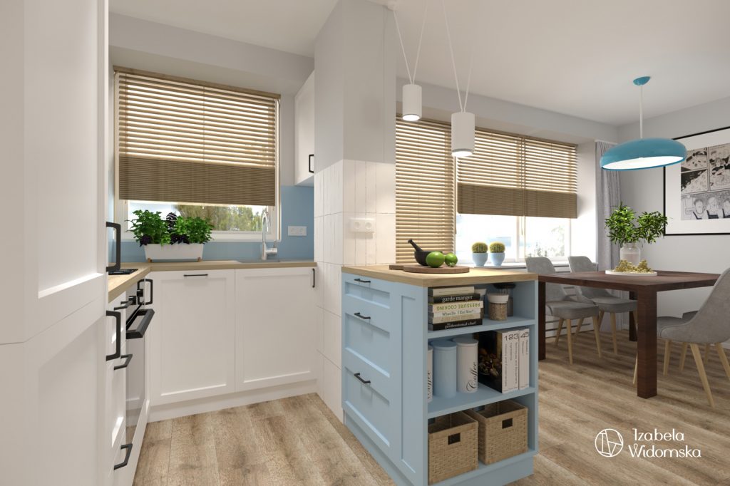 Małe mieszkanie z błękitną wyspą | Komfort Dopasowanie | Projekt wnętrza architekt Izabela Widomska