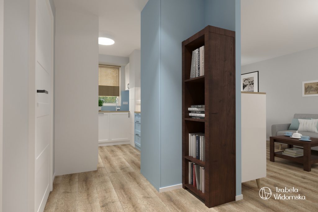 Małe mieszkanie z błękitną wyspą | Komfort Dopasowanie | Projekt wnętrza architekt Izabela Widomska