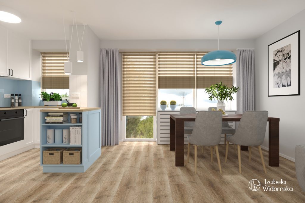 Małe mieszkanie z błękitną wyspą | Komfort Dopasowanie | Projekt wnętrza architekt Izabela Widomska