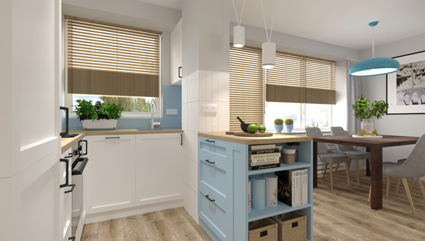 Małe mieszkanie z błękitną wyspą